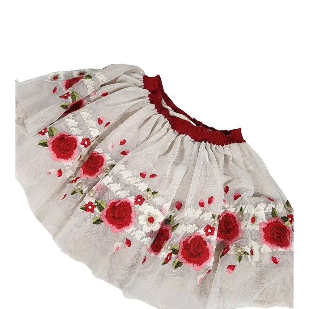 Mayoral Girls Size 8 Cream Tulle Embroidered Rose Floral Tutu Skirt Burgundy Red